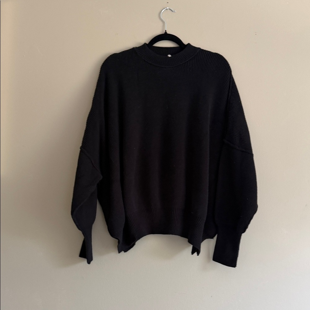 Free People Black Ribbed Crewneck Sweater